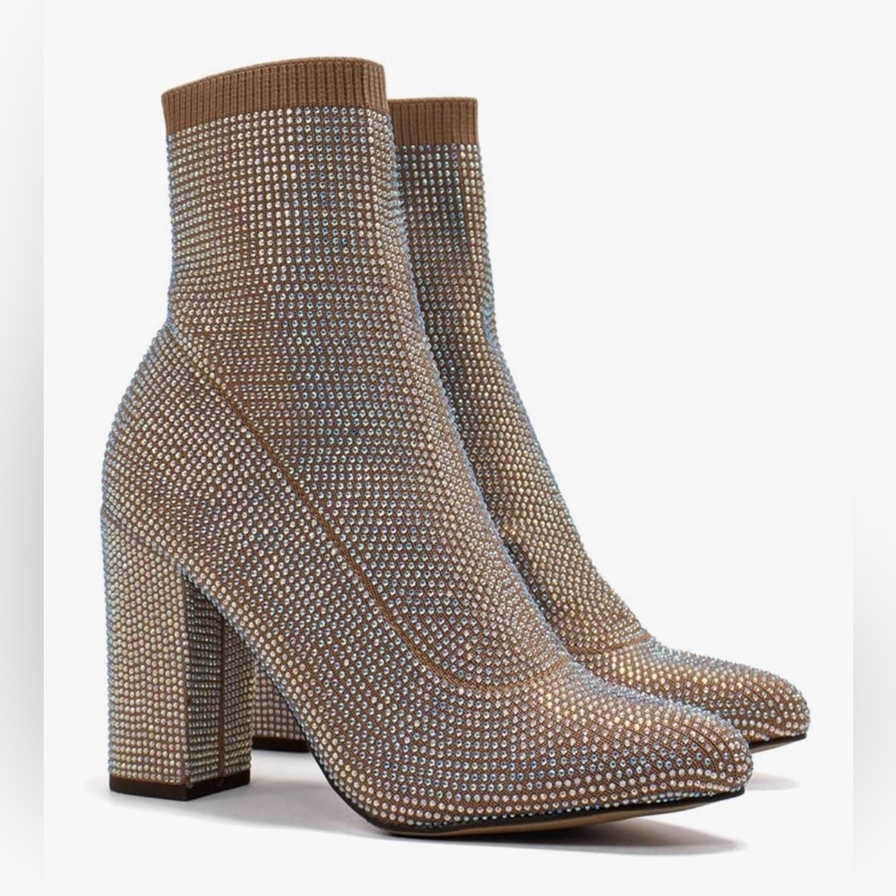 Wild Pair Rhinestone Nude Block Heel Boots Sz 6.5